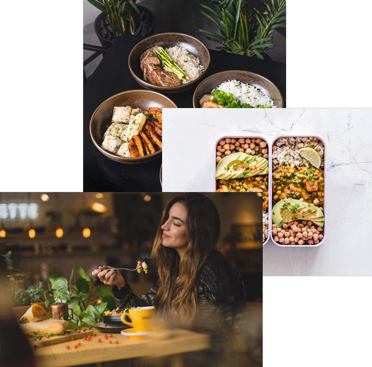 woman enjoying food, meals in storage container and food bowls on a table